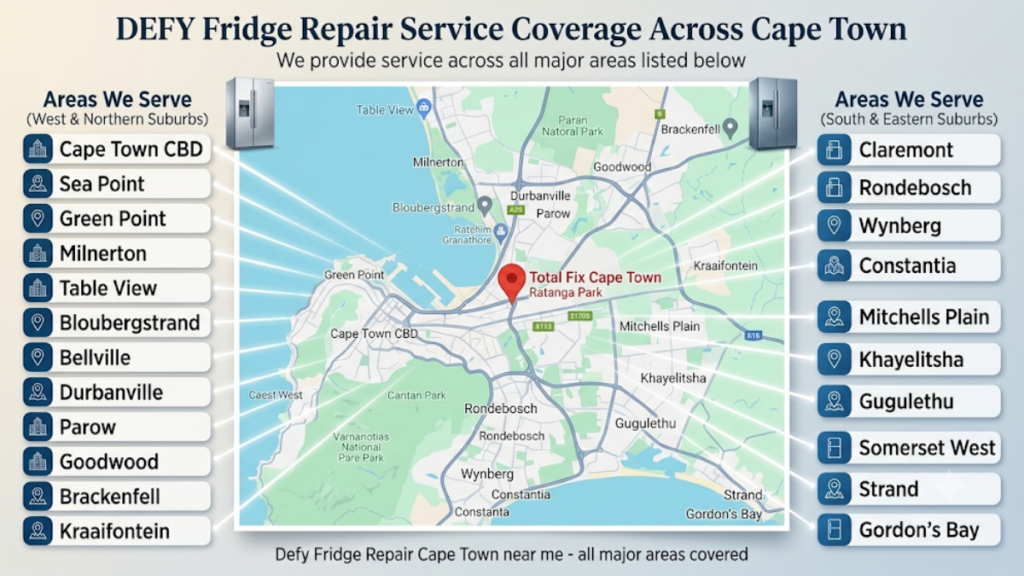 Map showing the Cape Town areas served by Total Fix Cape Town for professional Defy fridge repair and emergency refrigerator repair services.