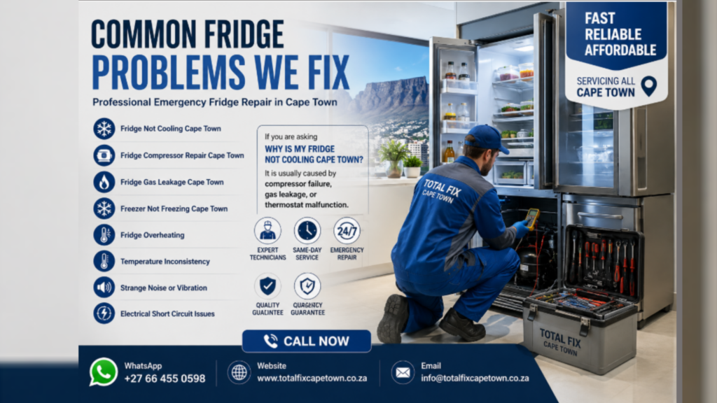 Common fridge problems repaired by Total Fix Cape Town including fridge not cooling, compressor issues, gas leaks, freezer problems, and temperature faults.