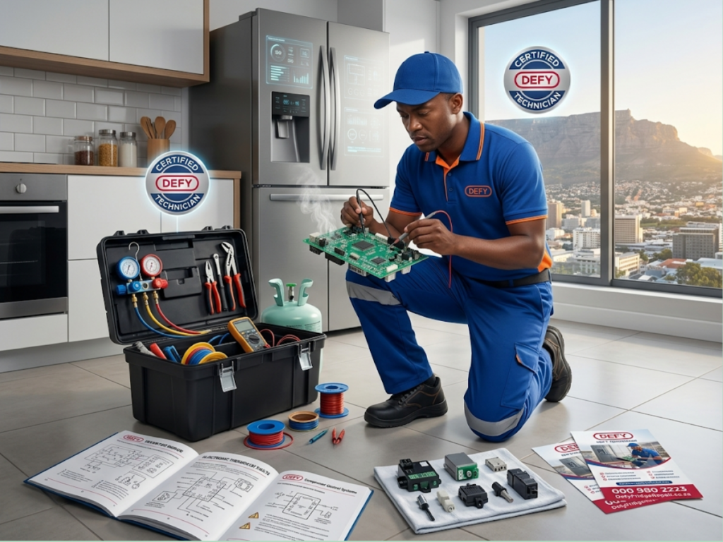 Defy fridge repair technician servicing a refrigerator in Cape Town with same-day appliance repair by Total Fix Cape Town.