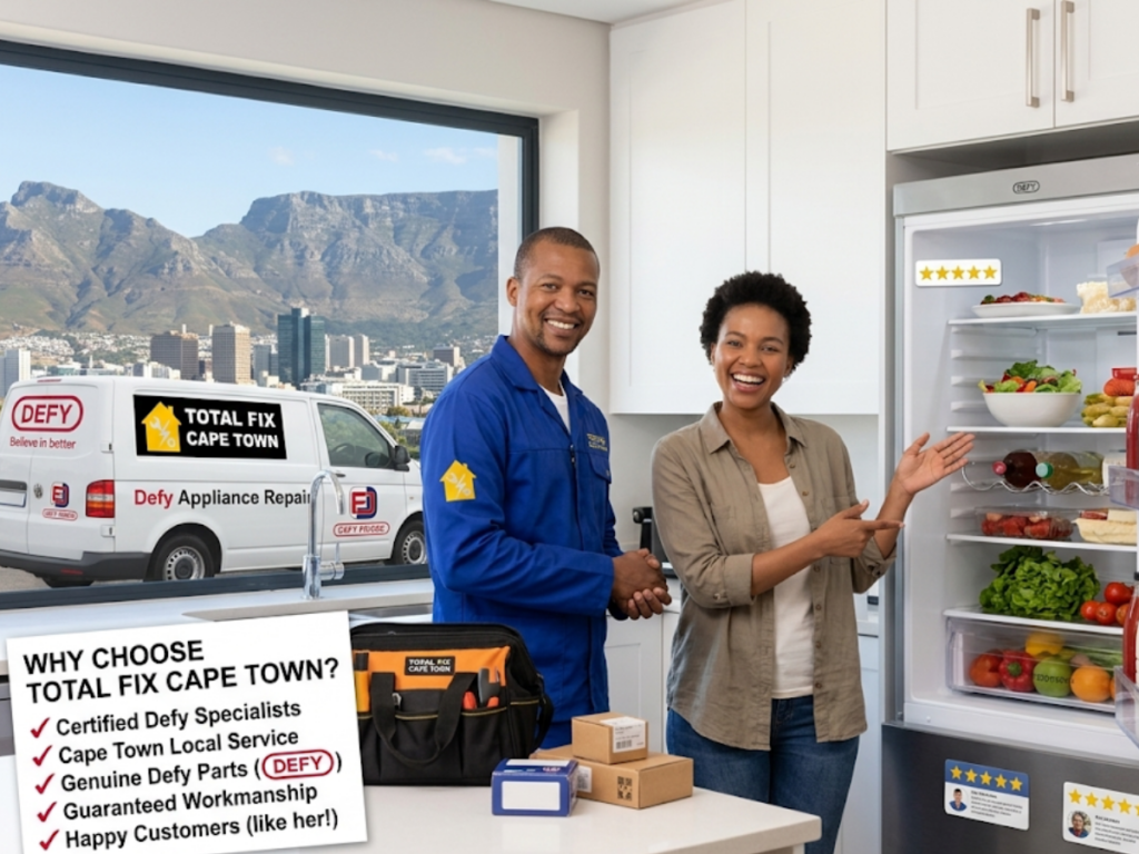 Happy customer after successful Defy fridge repair service in Cape Town by a Total Fix Cape Town technician.