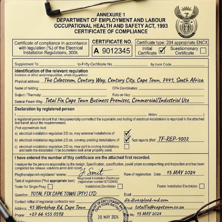 Qualified electrician issuing an Electrical Compliance Certificate (COC) after a safety inspection in Cape Town.