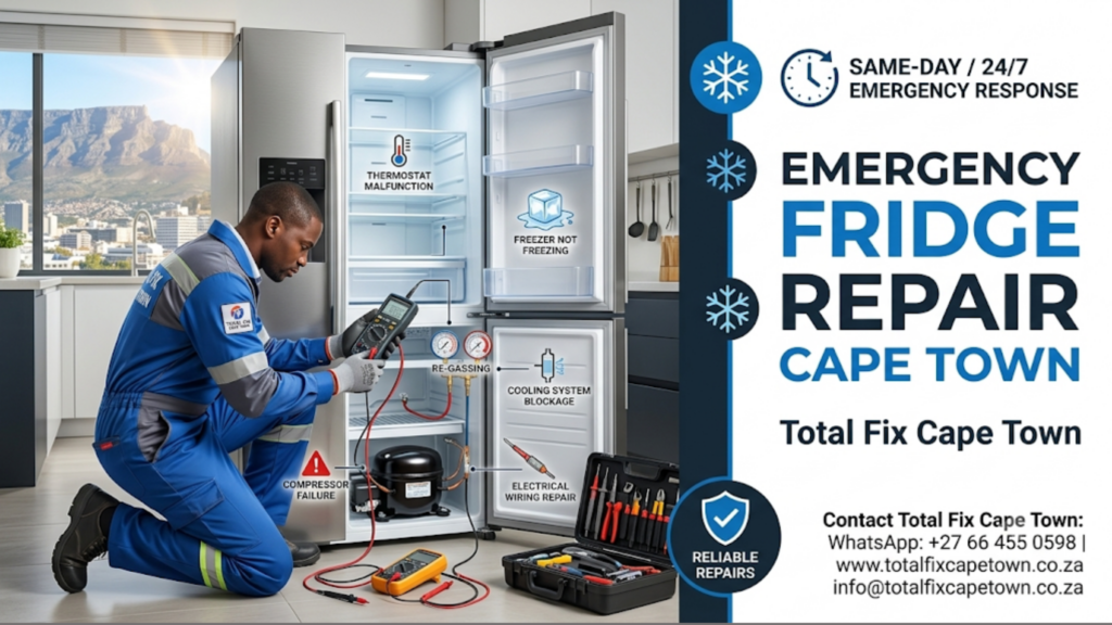 Emergency fridge repair technician fixing a refrigerator in Cape Town with same-day 24/7 repair service for homes and businesses
