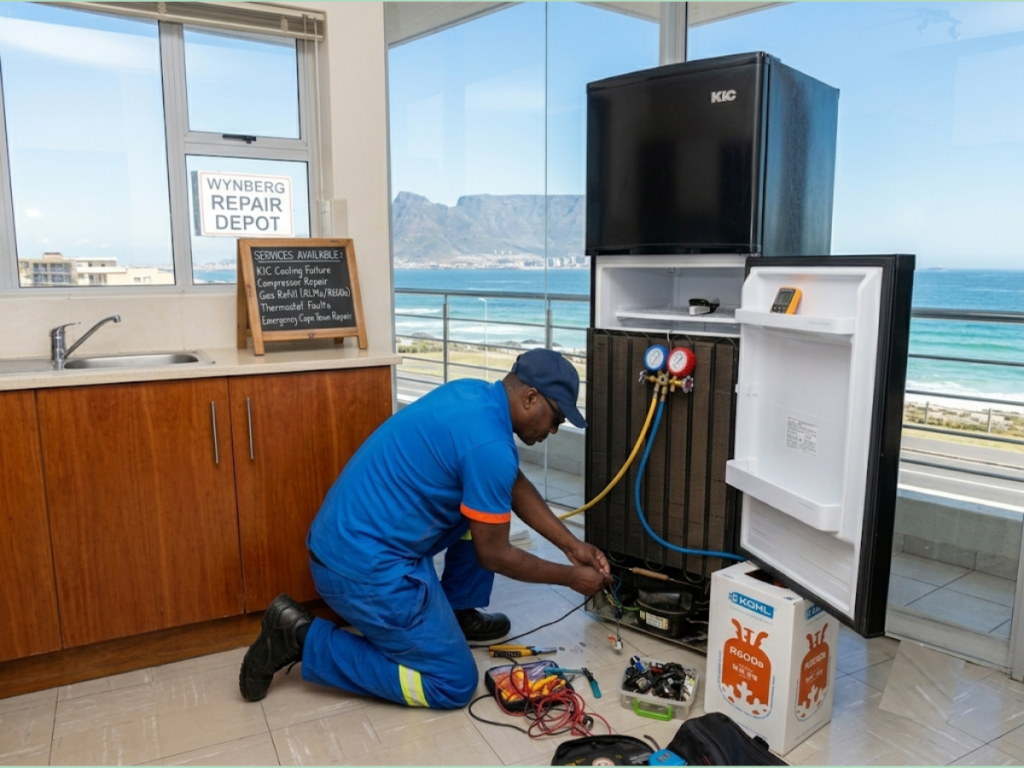 Emergency KIC fridge repair service in Cape Town with a technician repairing a KIC refrigerator for fast same-day cooling restoration.