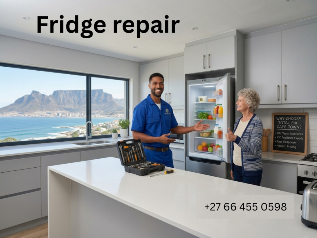 Smiling customer with a repaired KIC refrigerator after emergency fridge repair service in Cape Town.