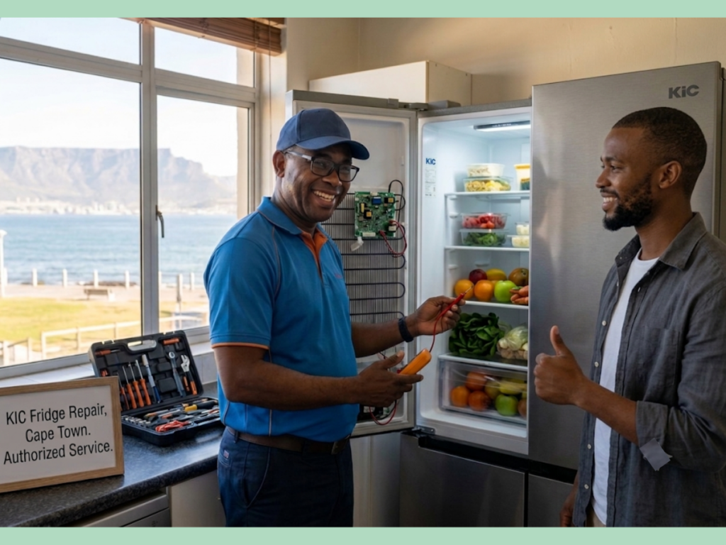 Technician providing emergency KIC fridge repair in Cape Town while standing near a satisfied customer at home.