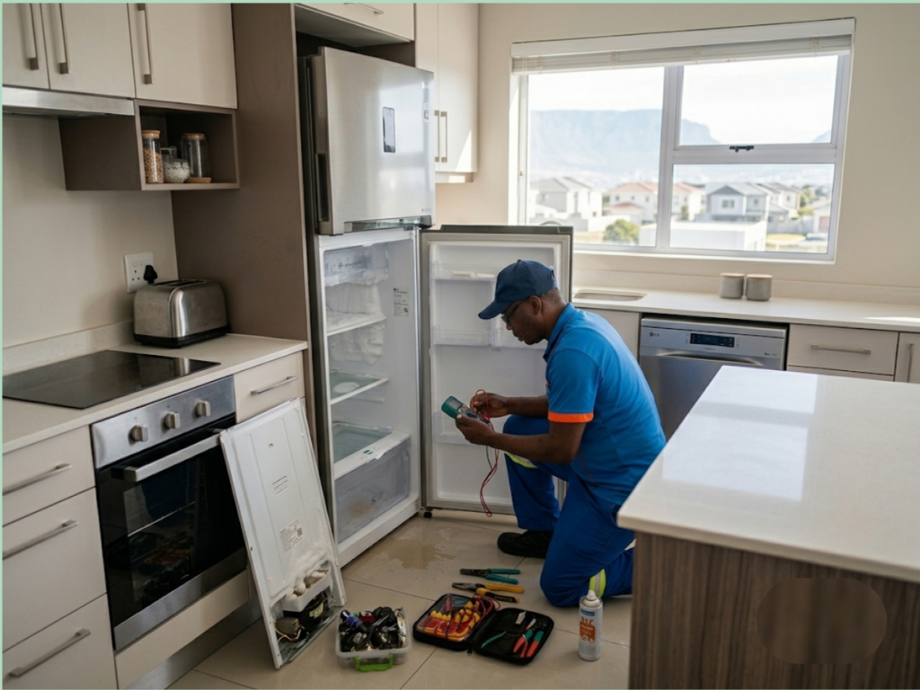 LG fridge repair technician fixing a refrigerator in Cape Town home for cooling and breakdown issues