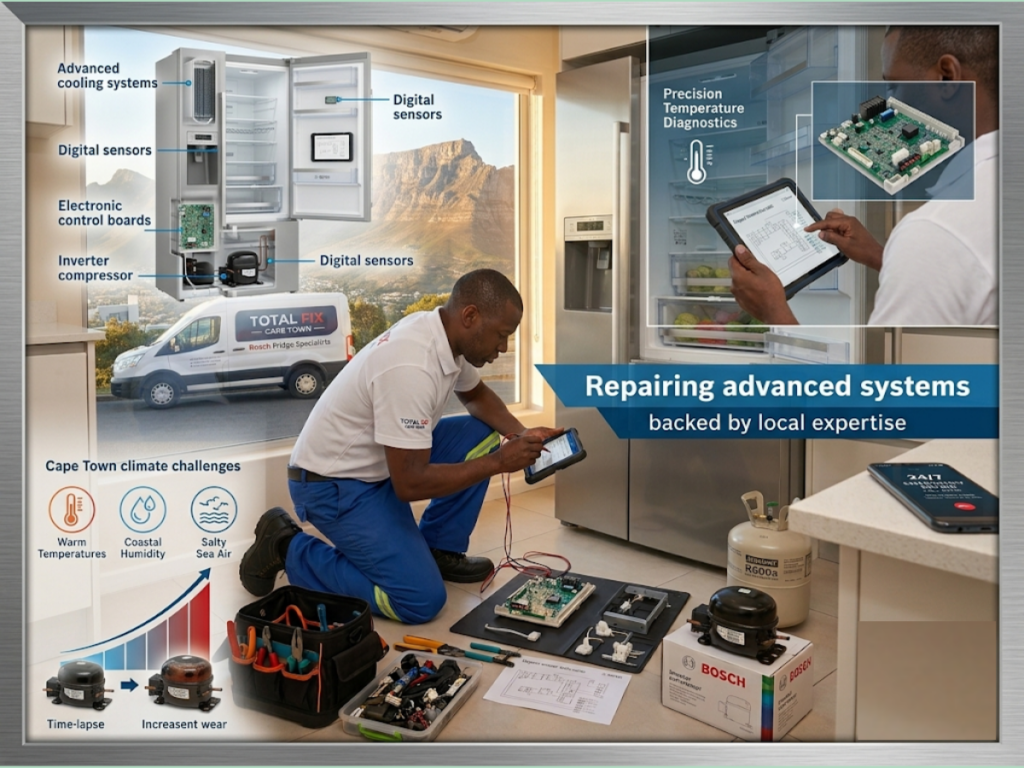 Professional Bosch fridge repair technician diagnosing refrigerator in Cape Town kitchen during emergency service