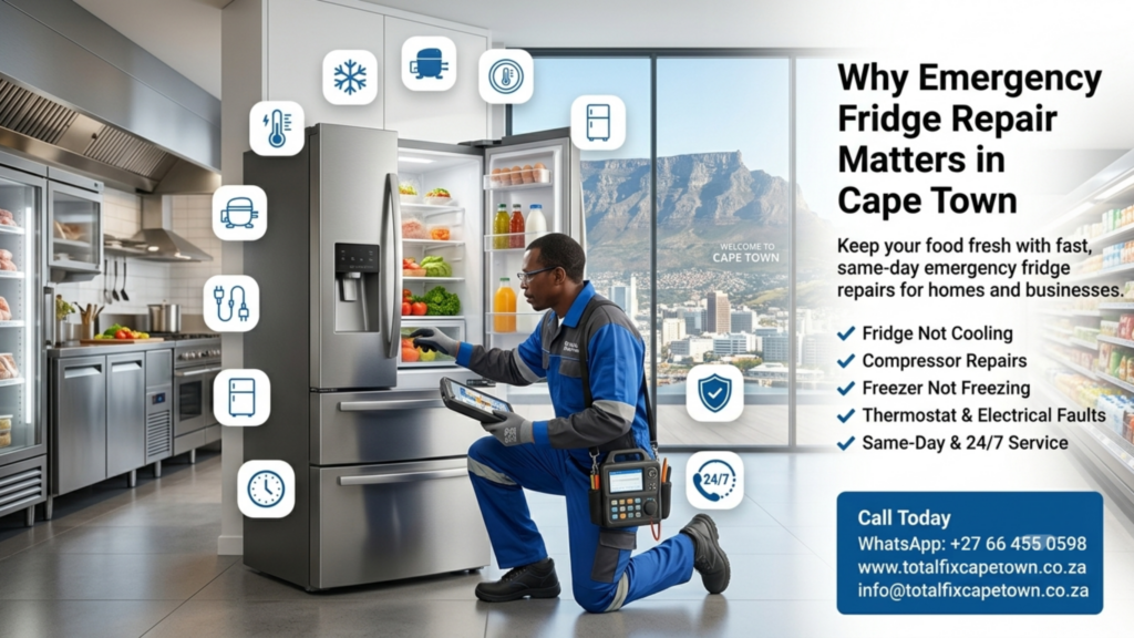 Same-day emergency fridge repair technician servicing a refrigerator in Cape Town for homes, restaurants, offices, and businesses