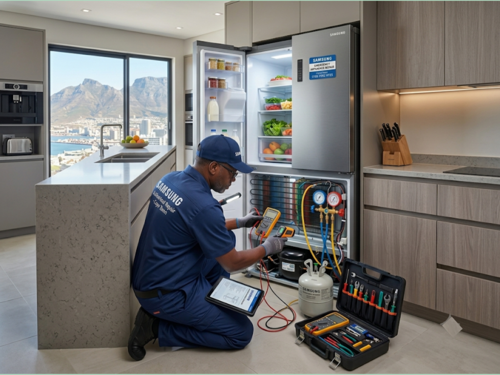 Same day Samsung Fridge Repair Cape Town technician diagnosing and repairing a refrigerator cooling problem in a home