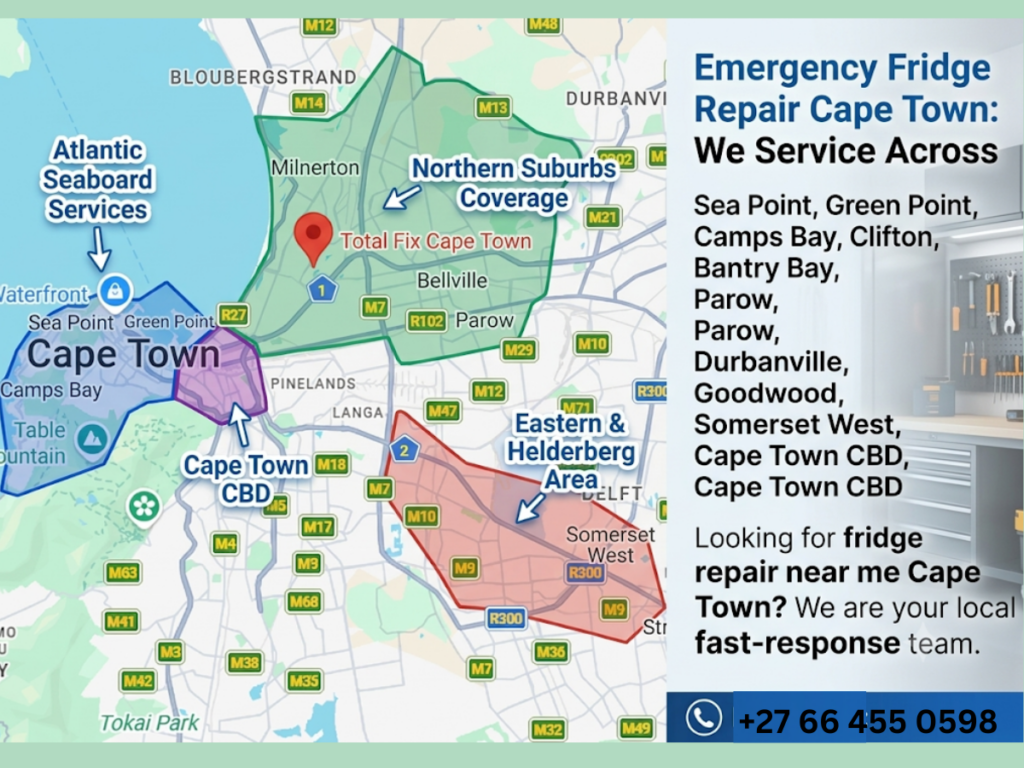 Fridge repair service areas covered by Total Fix Cape Town across Cape Town and surrounding suburbs.