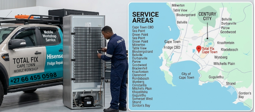 Map showing Total Fix fridge repair service areas across Cape Town.